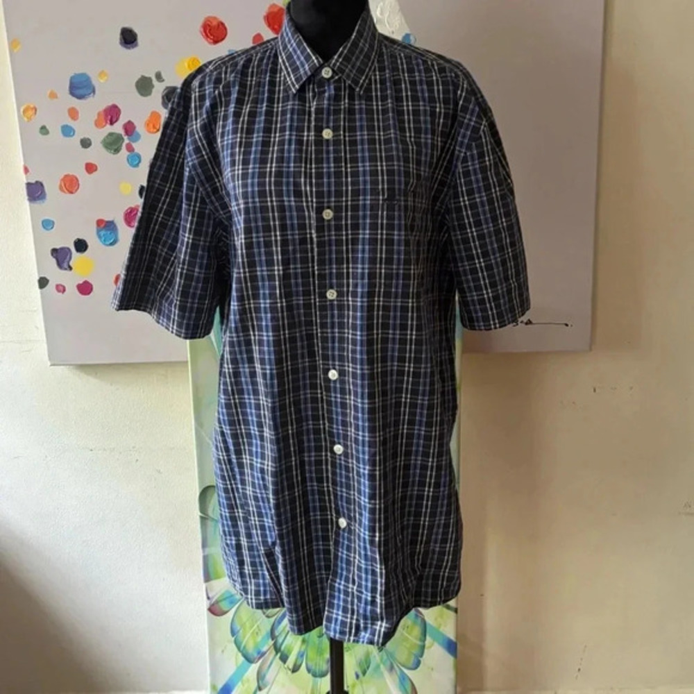 Timberland Men’s L Short Sleeve Blue / Black Plaid Button Down Shirt 100 cotton